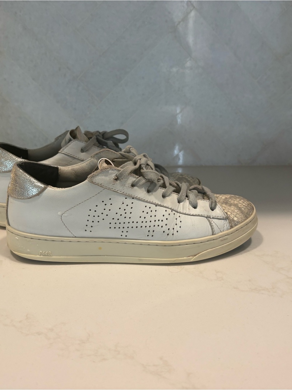 P448 Womens White Leather Lace-Up Sneaker with Metallic Accents